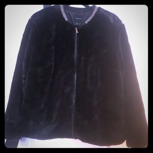 Plus Size- Faux Fur Bomber w/ Embellished Collar